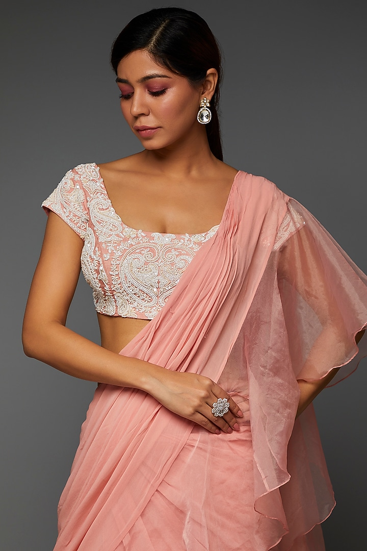Rose Pink Georgette & Organza Ruffled Wedding Saree Set by Saloni Jain at Pernia's Pop Up Shop
