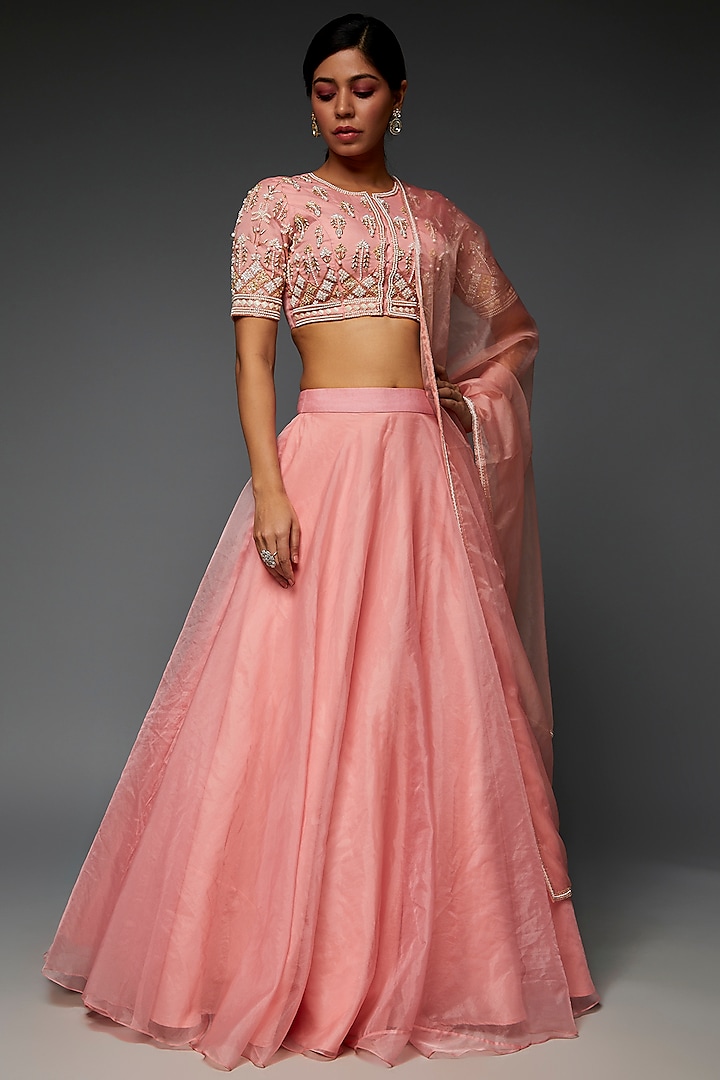Rose Pink Russian Silk & Organza Lehenga Set by Saloni Jain