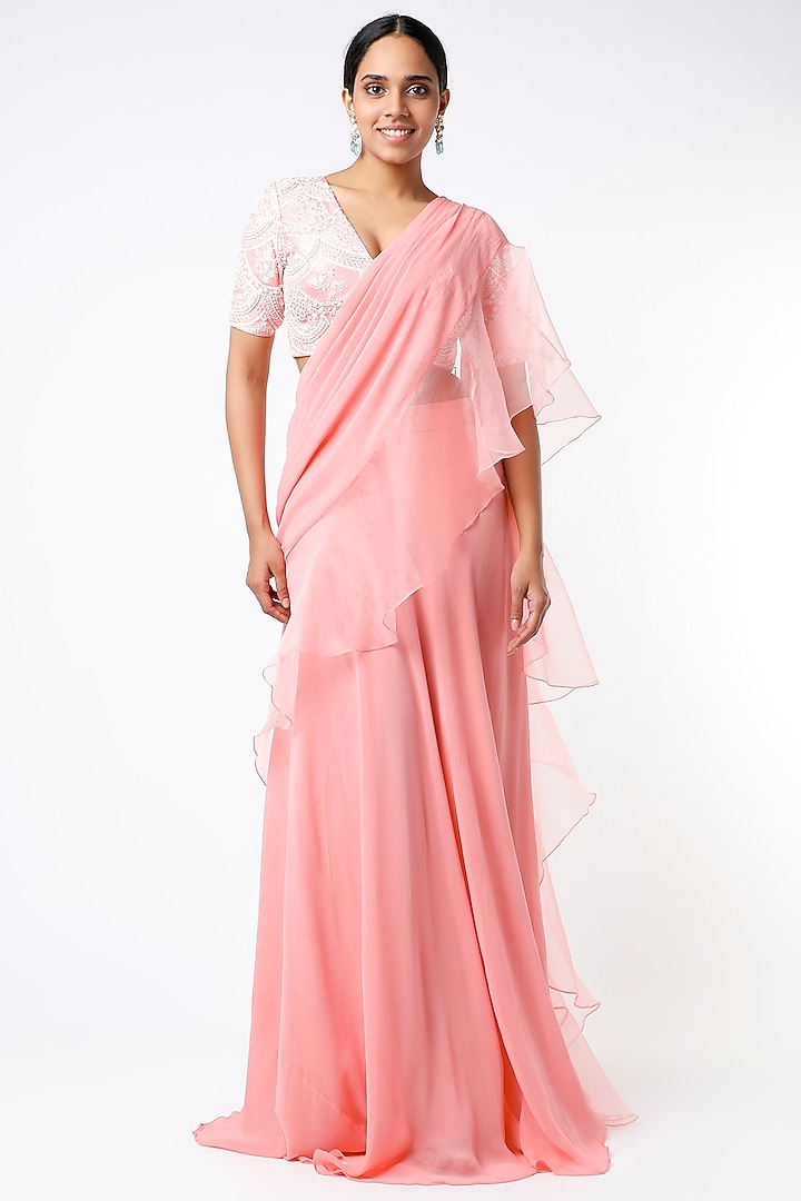 Rose Pink Georgette Wedding Saree Set by Saloni Jain at Pernia's Pop Up Shop