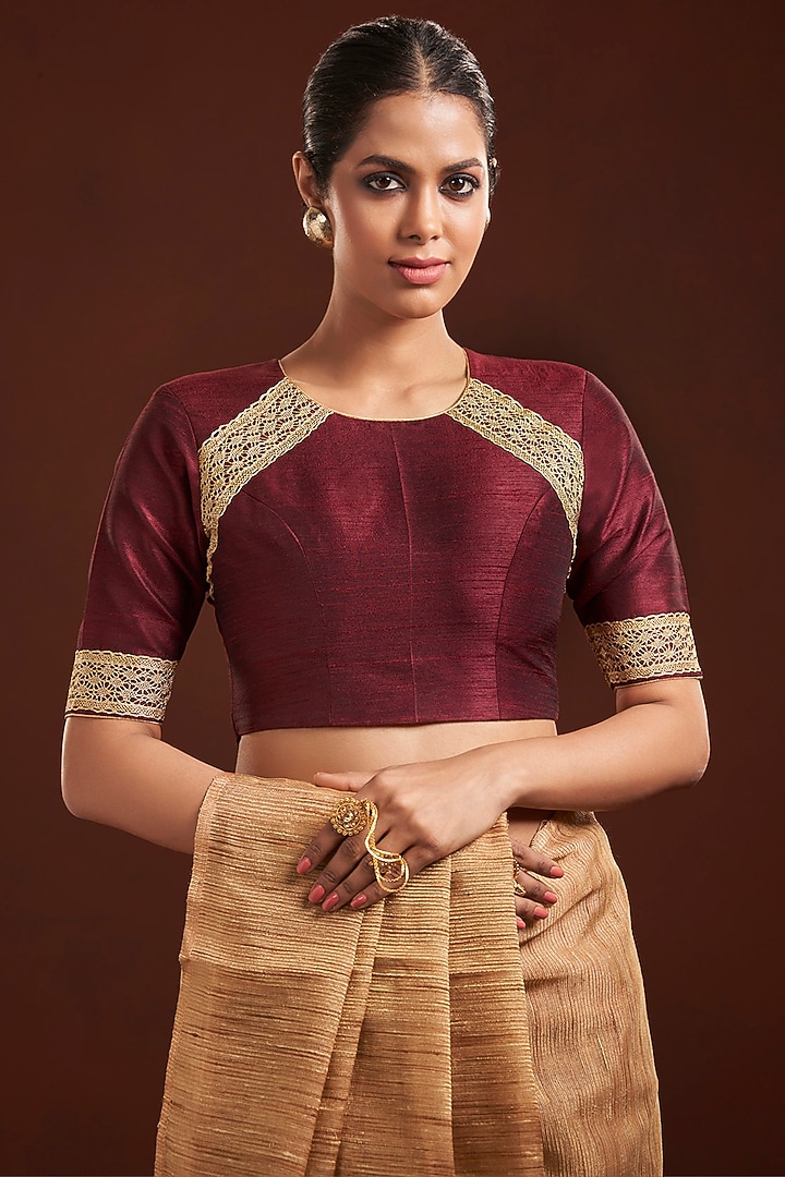 Maroon Raw Silk Lace Work Blouse by Salwar Studio at Pernia's Pop Up Shop