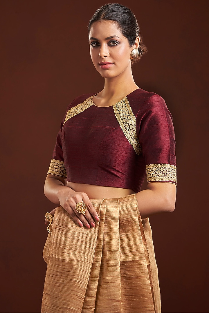 Maroon Raw Silk Lace Work Blouse by Salwar Studio at Pernia's Pop Up Shop