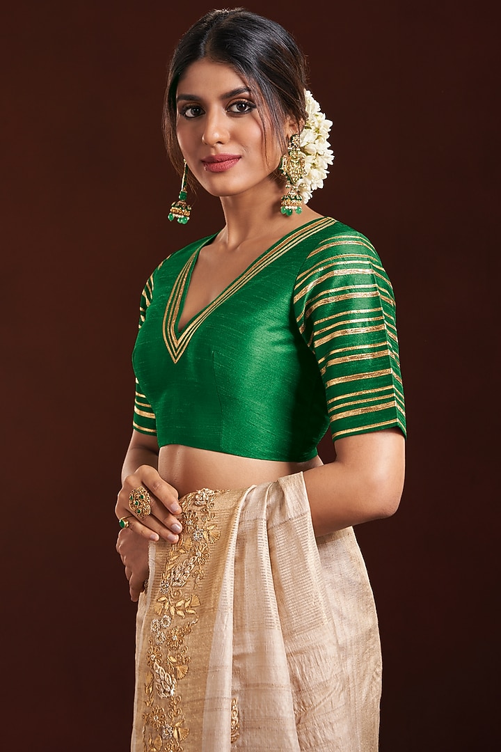 Green Raw Silk Gota Patti Embroidered Blouse by Salwar Studio at Pernia's Pop Up Shop