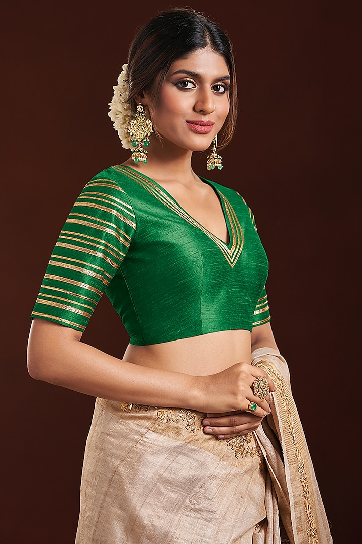 Green Raw Silk Gota Patti Embroidered Blouse by Salwar Studio at Pernia's Pop Up Shop