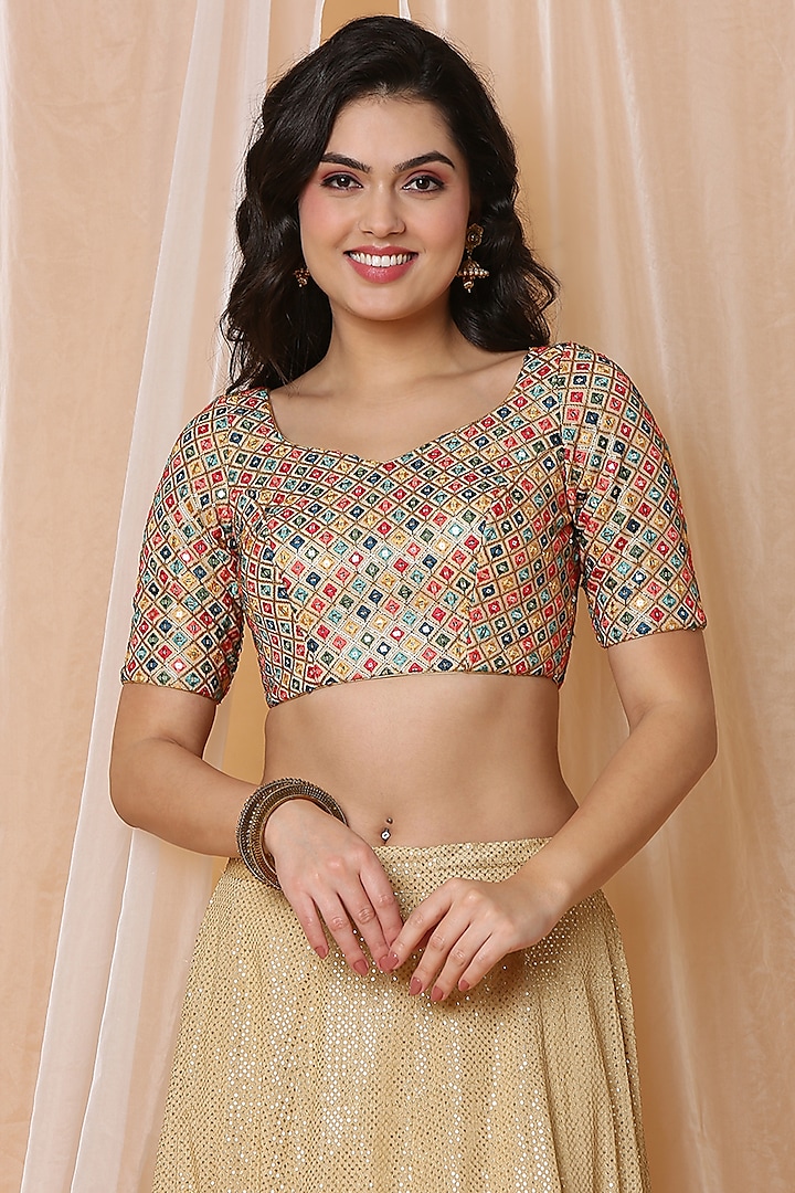 Multi-Colored Georgette Mirror Embroidered Blouse by Salwar Studio