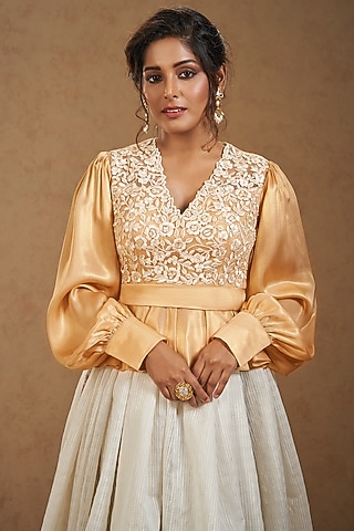 Gold Satin Floral Embroidered Blouse by Salwar Studio