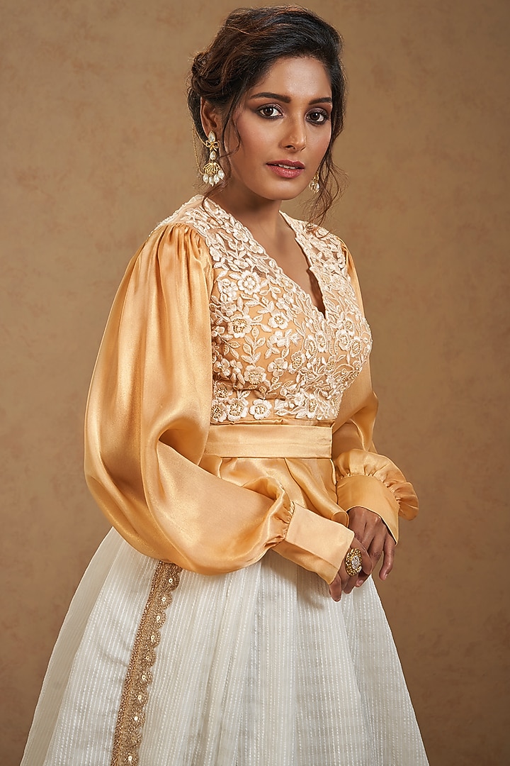 Gold Satin Floral Embroidered Blouse by Salwar Studio at Pernia's Pop Up Shop