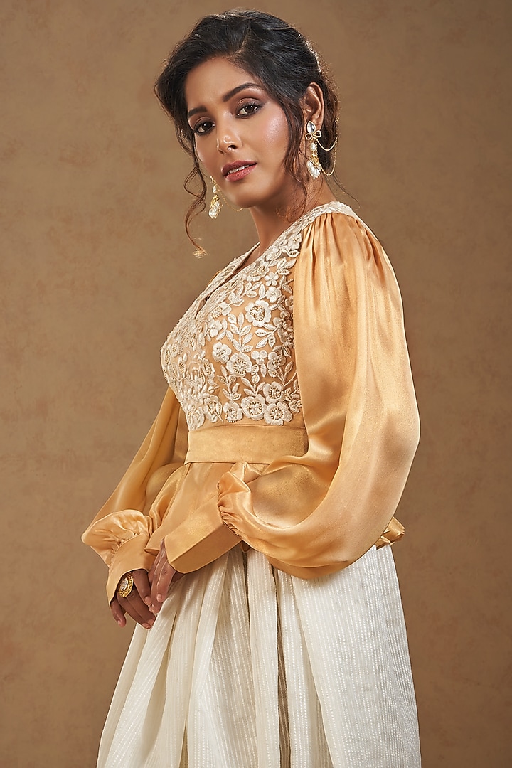Gold Satin Floral Embroidered Blouse by Salwar Studio at Pernia's Pop Up Shop