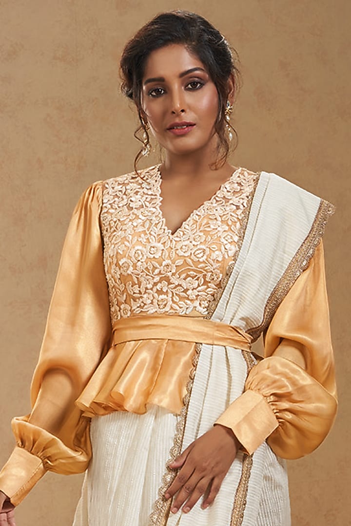 Gold Satin Floral Embroidered Blouse by Salwar Studio at Pernia's Pop Up Shop