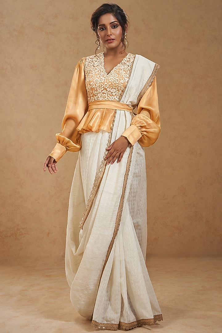 Gold Satin Floral Embroidered Blouse by Salwar Studio at Pernia's Pop Up Shop