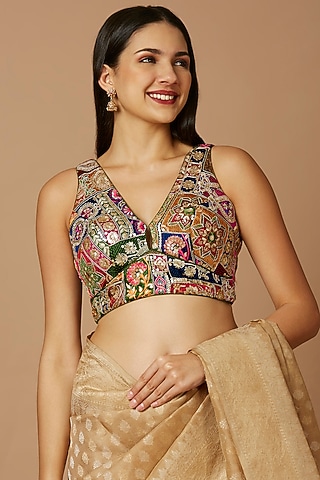 Multi-Colored Pure Georgette Thread Embroidered Blouse by Salwar Studio