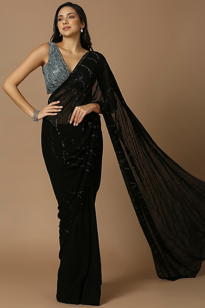 Charcoal Grey Net Shimmer Blouse by Salwar Studio at Pernia's Pop Up Shop