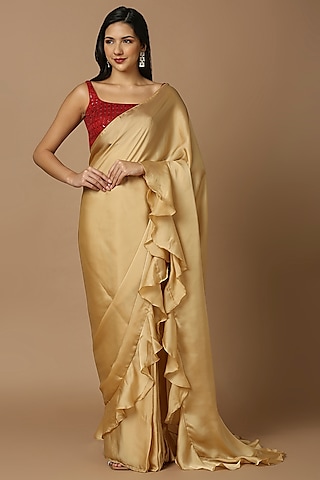 Golden Satin Pre-Draped Saree by Salwar Studio