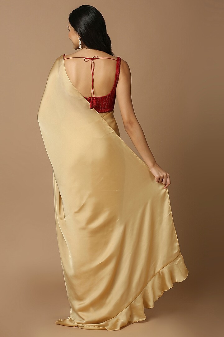 Golden Satin Pre-Draped Festive Saree by Salwar Studio at Pernia's Pop Up Shop