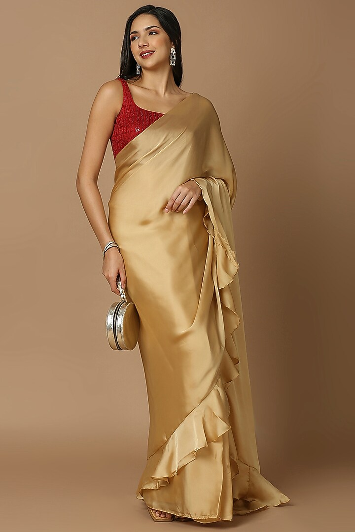 Golden Satin Pre-Draped Festive Saree by Salwar Studio at Pernia's Pop Up Shop