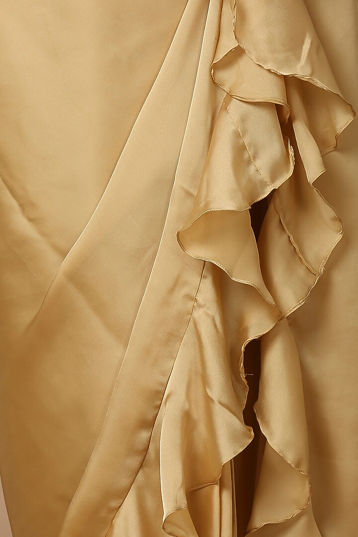 Golden Satin Pre-Draped Festive Saree by Salwar Studio at Pernia's Pop Up Shop