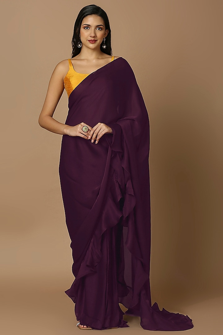 Purple Satin Pre-Draped Saree by Salwar Studio