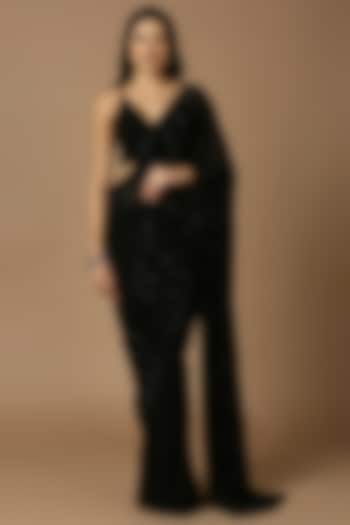 Black Pure Georgette Cutdana Embellished Saree Set by Salwar Studio