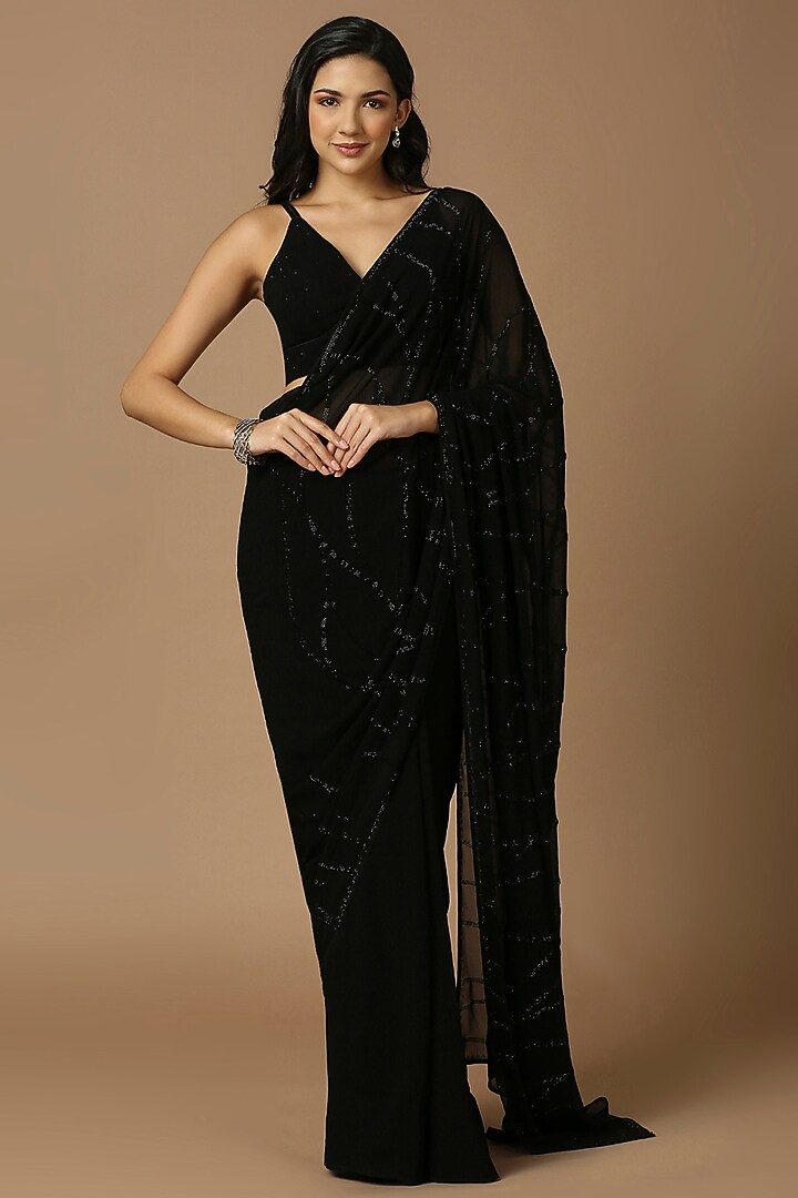 Black Pure Georgette Cutdana Embellished Festive Saree Set by Salwar Studio at Pernia's Pop Up Shop