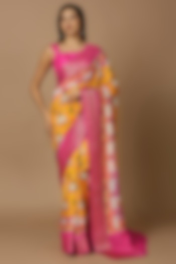 Mustard Silk Blend Floral Printed Saree Set by Salwar Studio