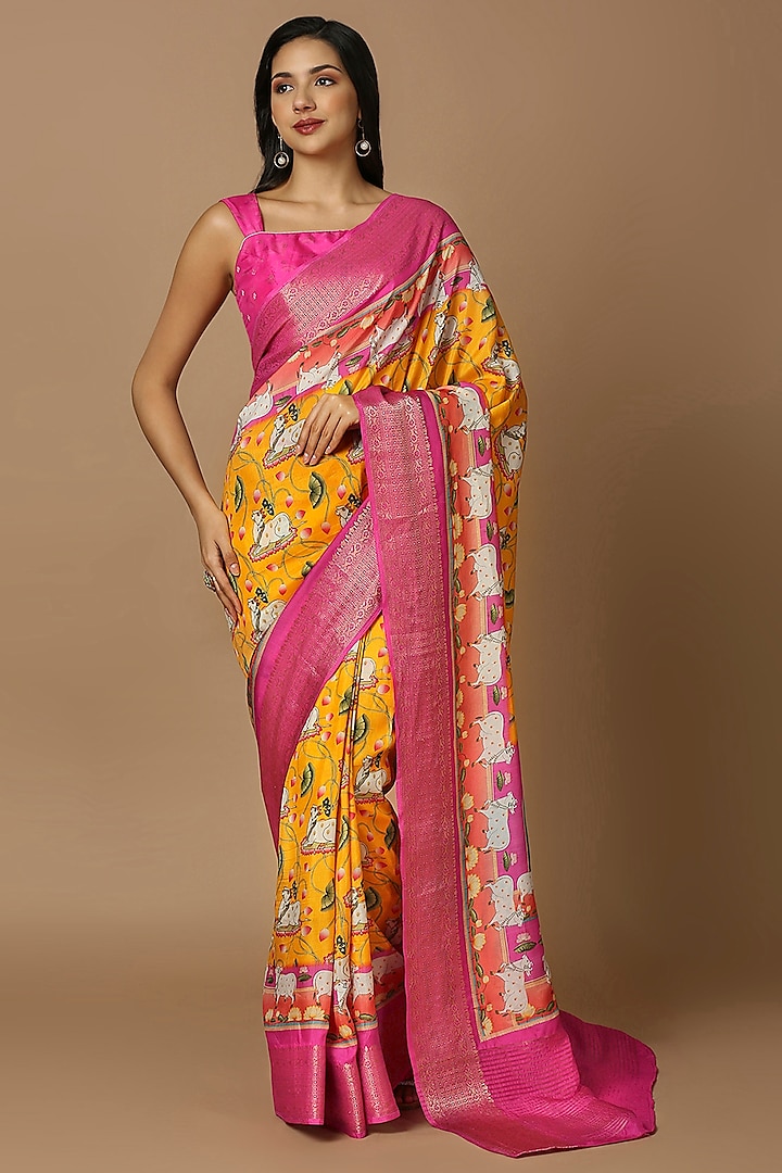 Mustard Silk Blend Floral Printed Saree Set by Salwar Studio