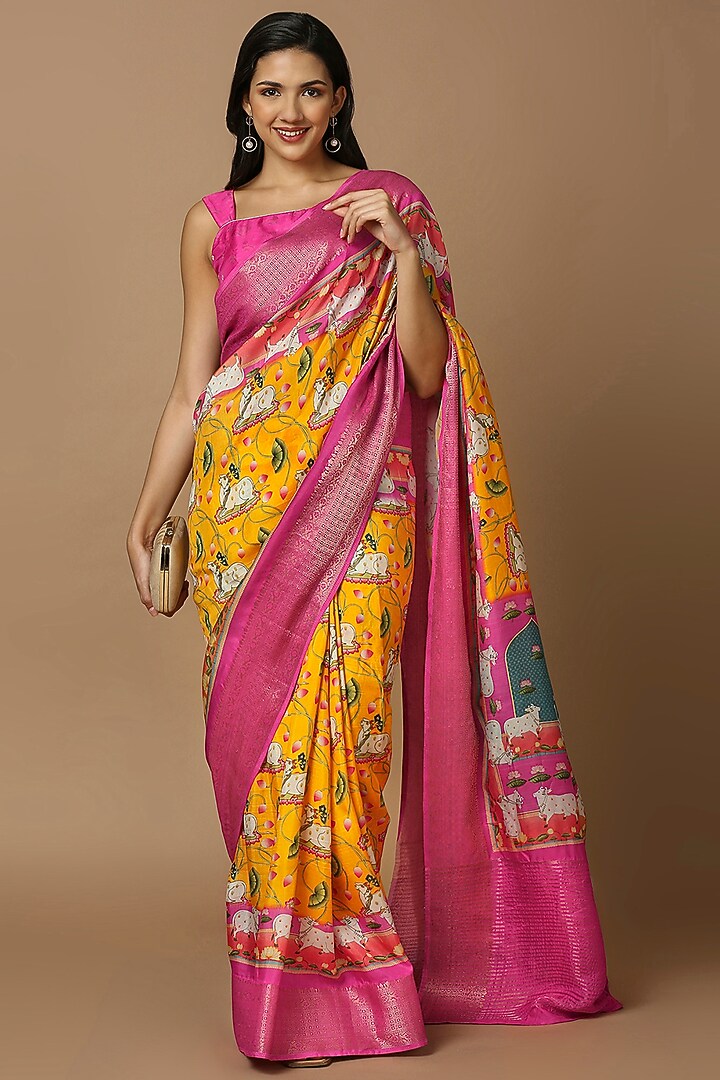 Mustard Silk Blend Floral Printed Festive Saree Set by Salwar Studio at Pernia's Pop Up Shop