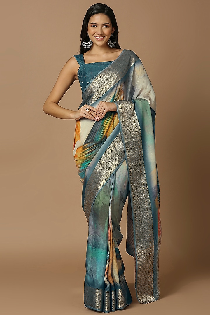 Teal Blue Silk Blend Floral Printed Saree Set by Salwar Studio