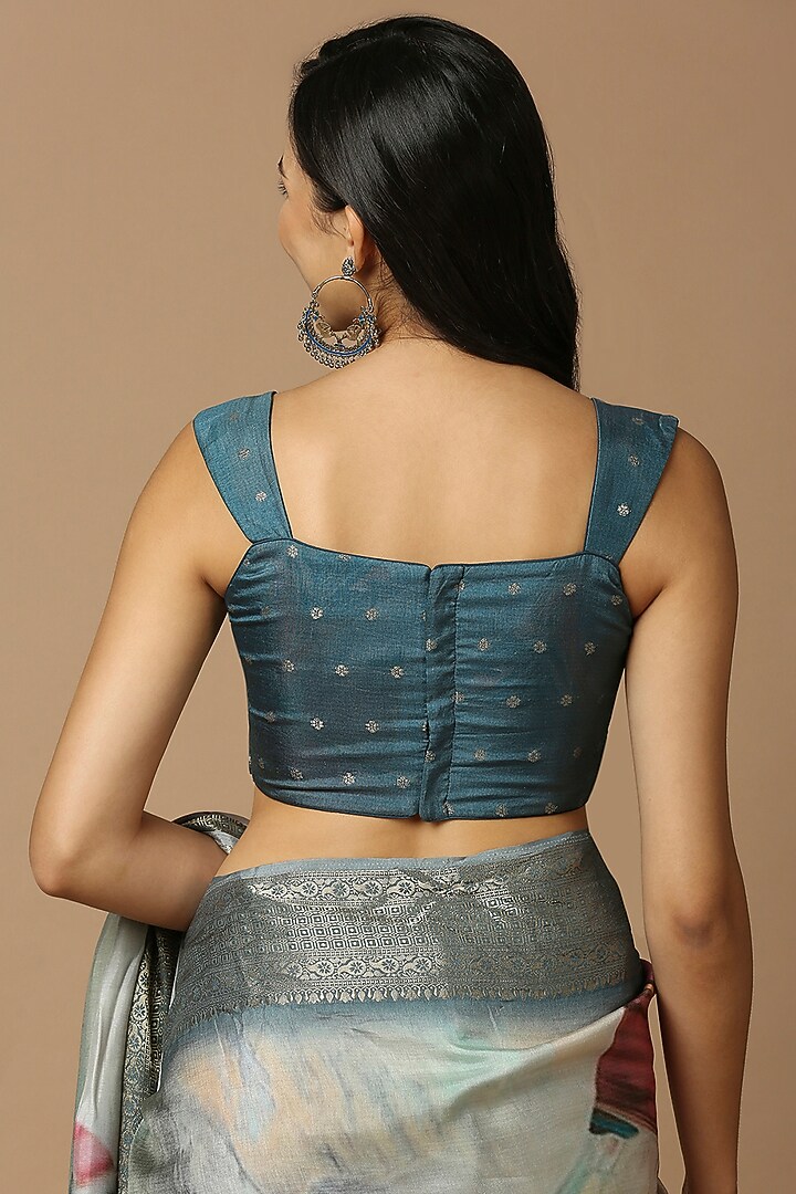Teal Blue Silk Blend Floral Printed Festive Saree Set by Salwar Studio at Pernia's Pop Up Shop