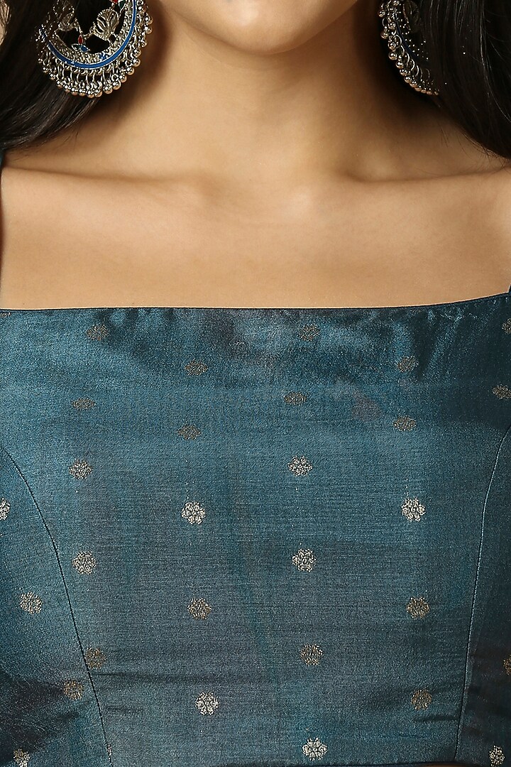 Teal Blue Silk Blend Floral Printed Festive Saree Set by Salwar Studio at Pernia's Pop Up Shop