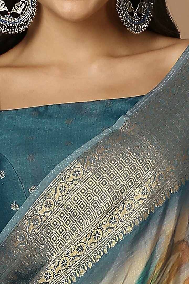Teal Blue Silk Blend Floral Printed Festive Saree Set by Salwar Studio at Pernia's Pop Up Shop