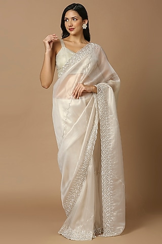 Off-White Organza Cutdana Embroidered Saree Set by Salwar Studio