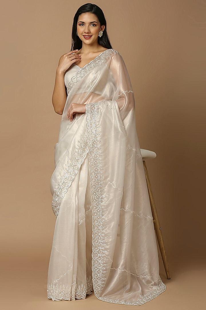 Off-White Organza Cutdana Embroidered Party Wear Saree Set by Salwar Studio at Pernia's Pop Up Shop