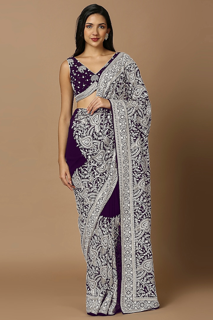 Purple Georgette Thread Embroidered Saree Set by Salwar Studio