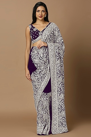 Purple Georgette Thread Embroidered Saree Set by Salwar Studio