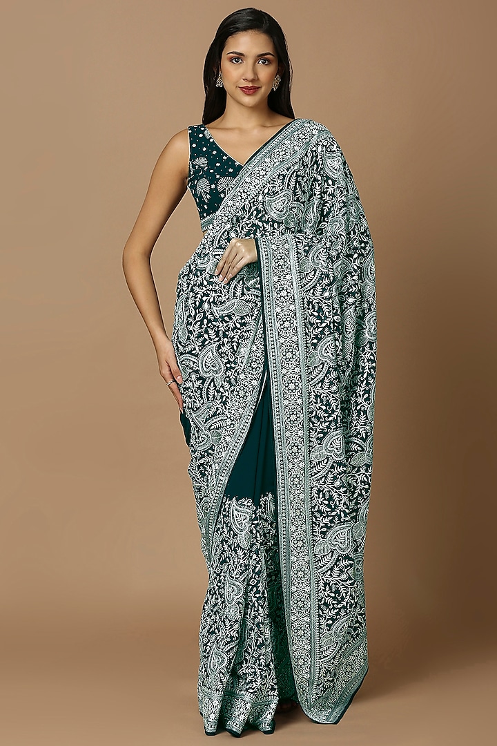 Teal Green Georgette Thread Embroidered Saree Set by Salwar Studio