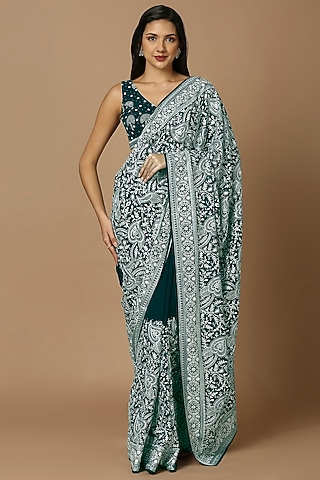 Teal Green Georgette Thread Embroidered Saree Set by Salwar Studio