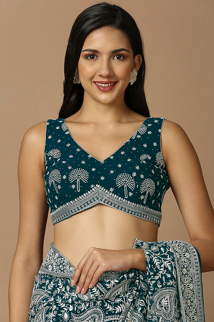 Teal Green Georgette Thread Embroidered Festive Saree Set by Salwar Studio at Pernia's Pop Up Shop