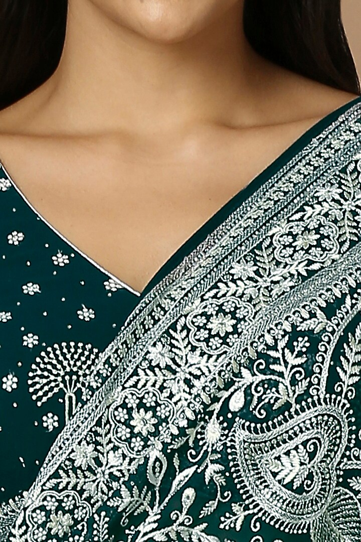 Teal Green Georgette Thread Embroidered Festive Saree Set by Salwar Studio at Pernia's Pop Up Shop