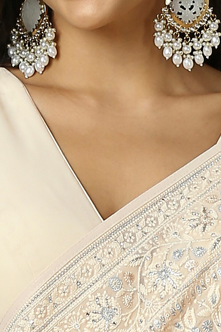 Cream Pure Georgette Thread Embroidered Festive Saree Set by Salwar Studio at Pernia's Pop Up Shop