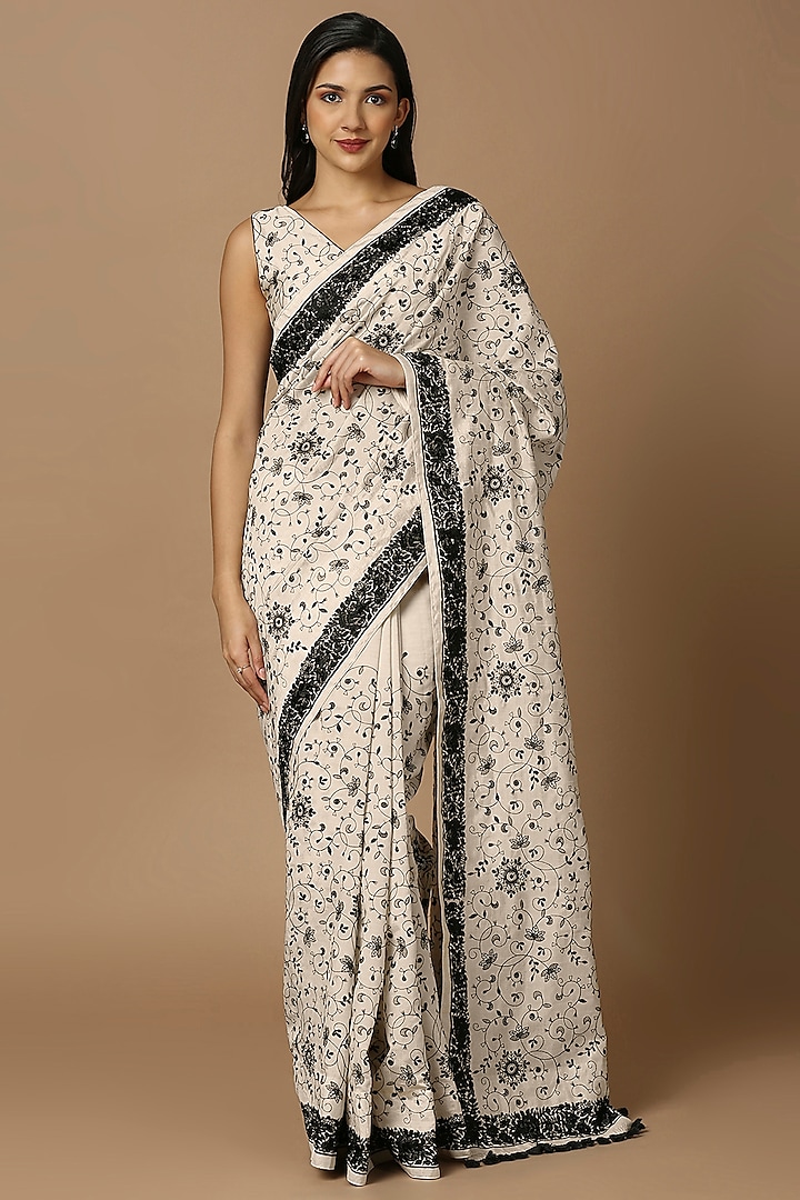 Off-White & Black Tussar Silk Floral Embroidered Saree Set by Salwar Studio