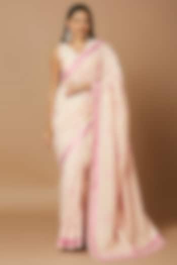 Off-White & Pink Tussar Silk Floral Embroidered Saree Set by Salwar Studio