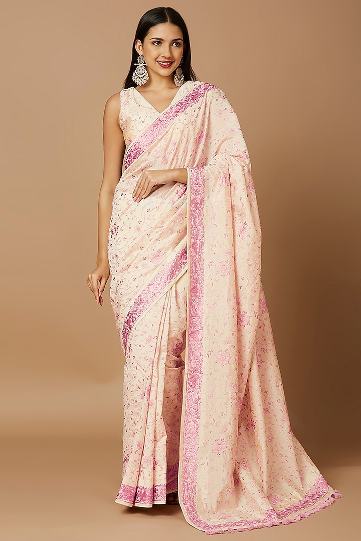 Off-White & Pink Tussar Silk Floral Embroidered Saree Set by Salwar Studio