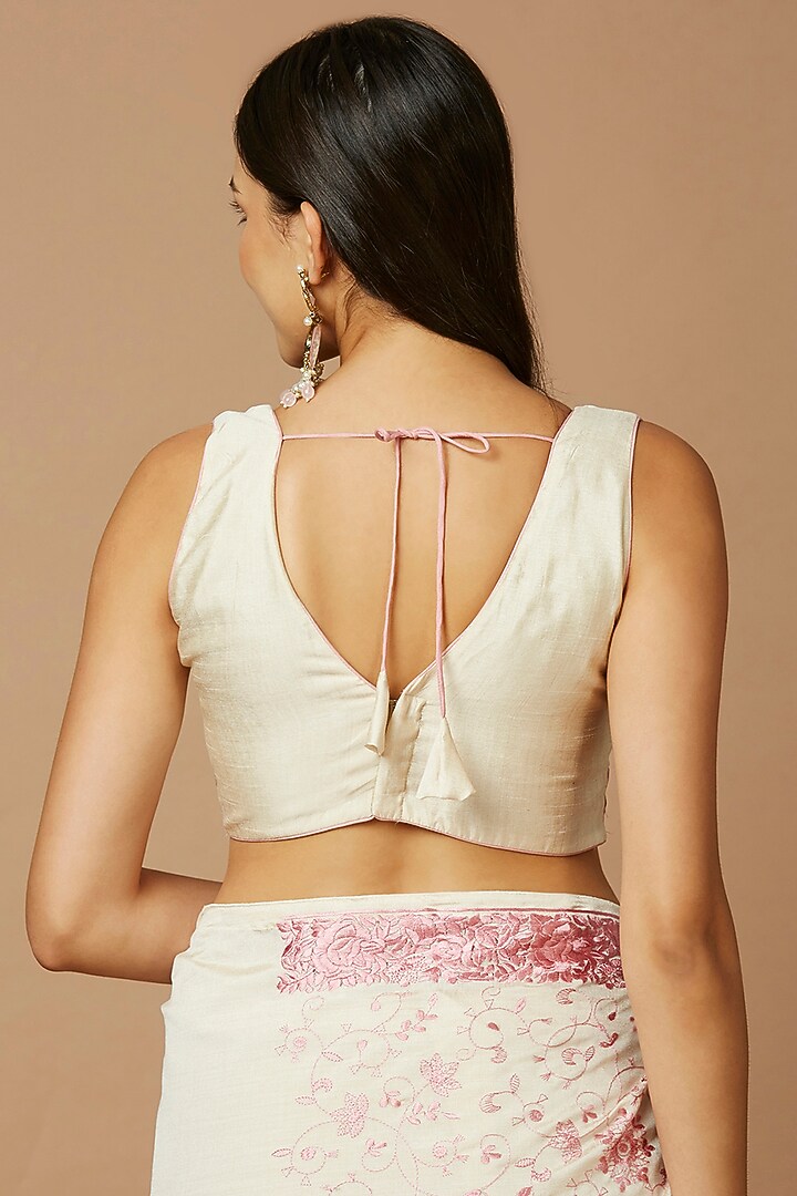 Off-White & Pink Tussar Silk Floral Embroidered Festive Saree Set by Salwar Studio at Pernia's Pop Up Shop