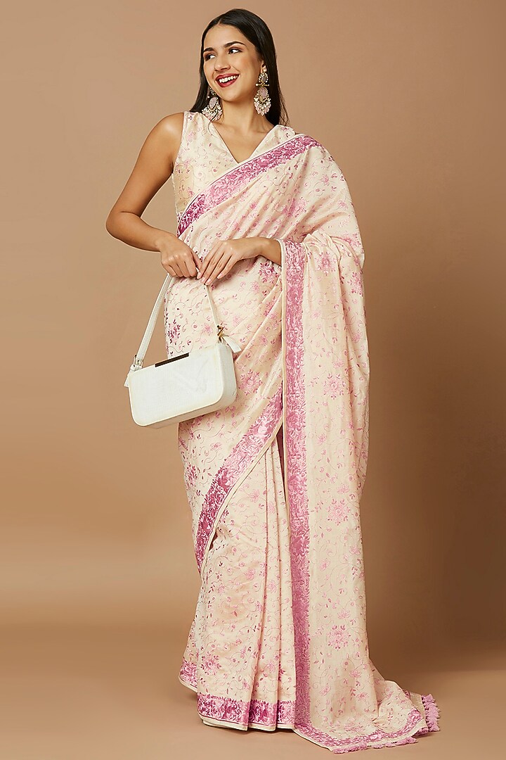 Off-White & Pink Tussar Silk Floral Embroidered Festive Saree Set by Salwar Studio at Pernia's Pop Up Shop