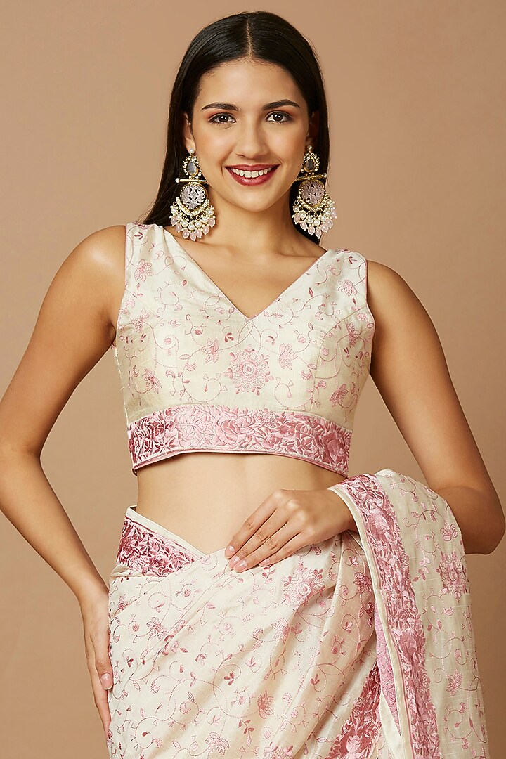 Off-White & Pink Tussar Silk Floral Embroidered Festive Saree Set by Salwar Studio at Pernia's Pop Up Shop