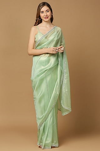 Sea Green Organza Cutdana Embroidered Saree Set by Salwar Studio