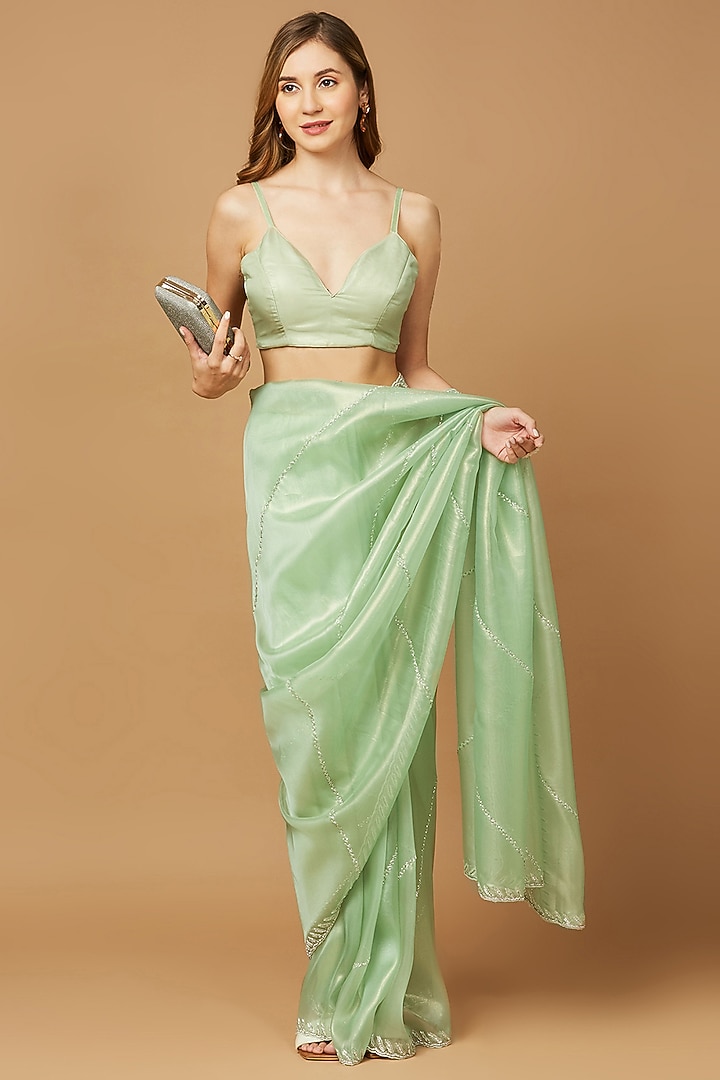 Sea Green Organza Cutdana Embroidered Festive Saree Set by Salwar Studio at Pernia's Pop Up Shop