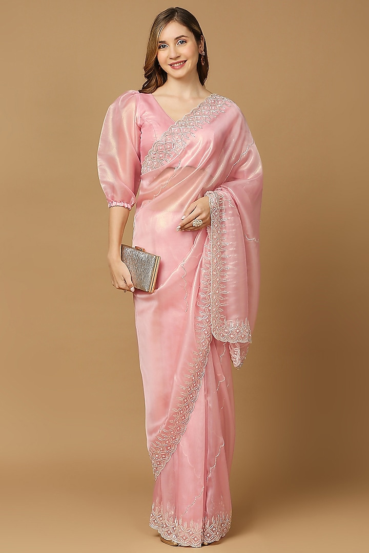 Pink Organza Cutdana Embroidered Saree Set by Salwar Studio