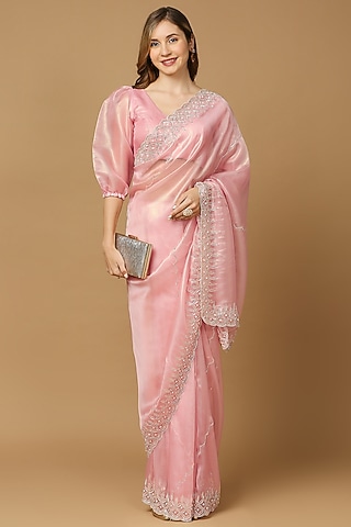 Pink Organza Cutdana Embroidered Saree Set by Salwar Studio