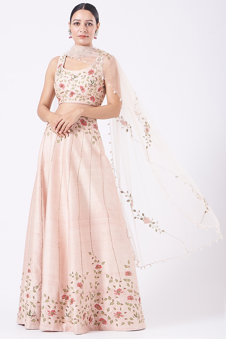 Rose Water Pink Hand Embroidered Lehenga Set by Salt and Spring