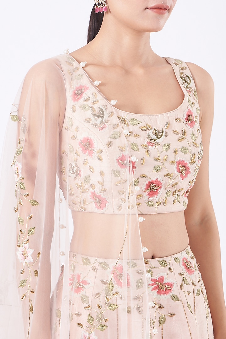 Rose Water Pink Hand Embroidered Wedding Lehenga Set by Salt and Spring at Pernia's Pop Up Shop